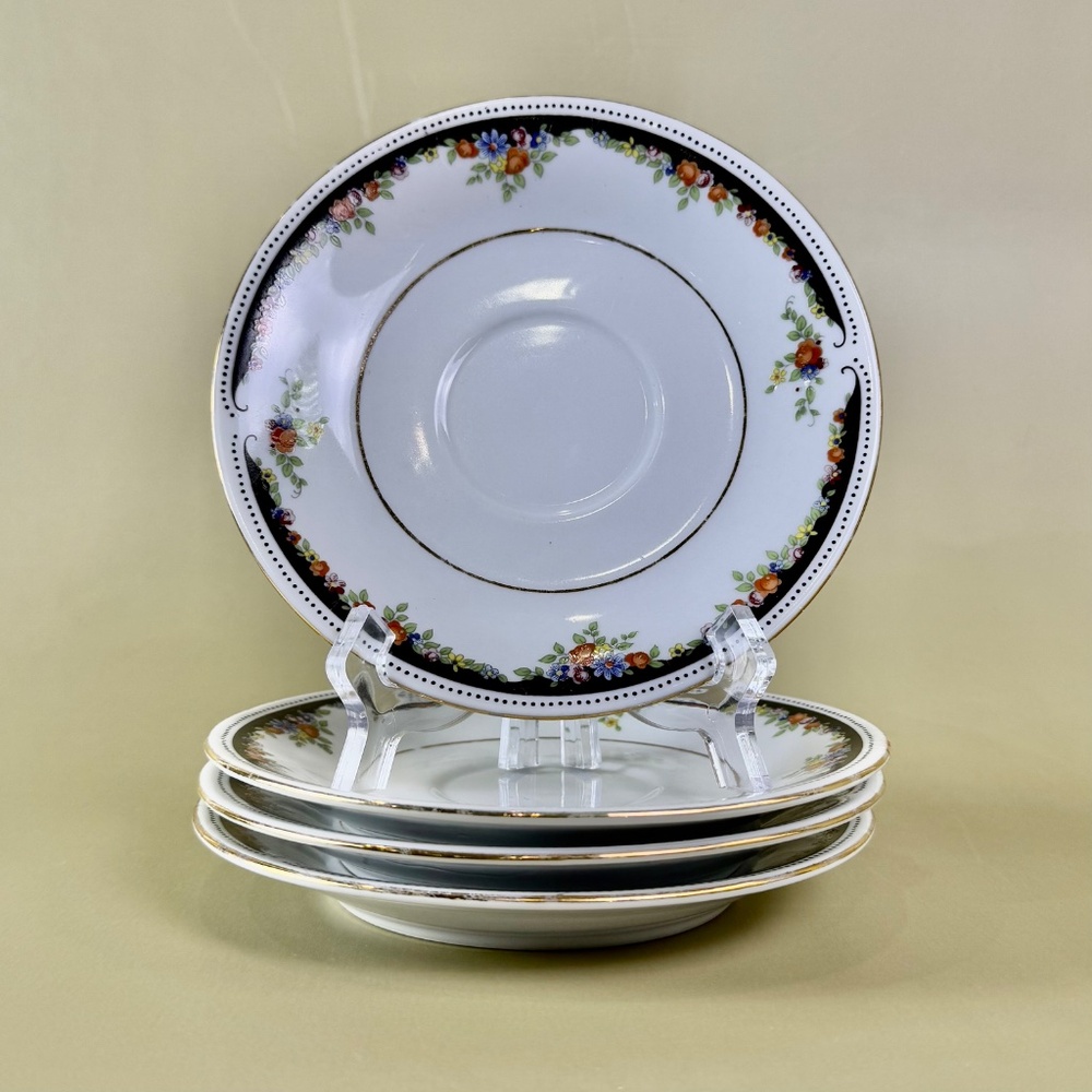Set of 4 Lynn’s Fine China Saucers – Floral Black & Gold Trim, 6.25”